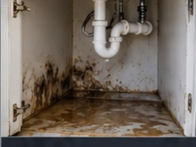 Water damage and mold under a kitchen sink